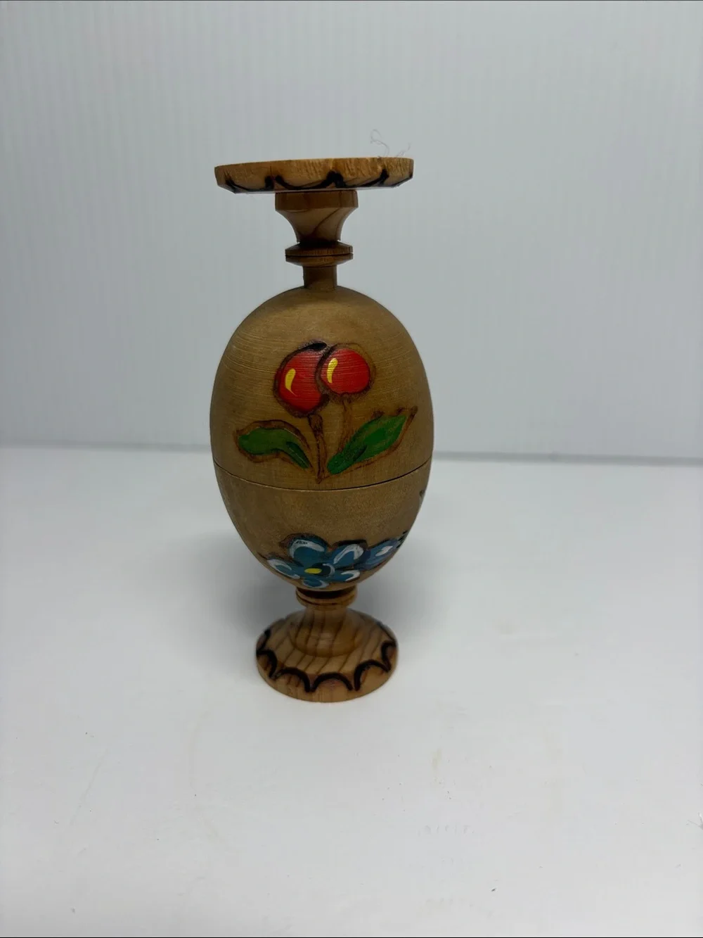 Handcrafted Wooden Egg Stand with Blue Floral Accent